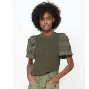 Sea New York Wool Top Green‎ Knit Cotton Puff Sleeves
